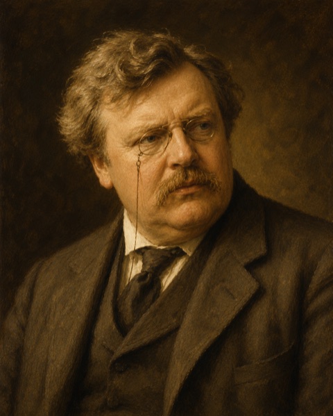 Oil portrait of G. K. Chesterton with pince-nez glasses and a moustache